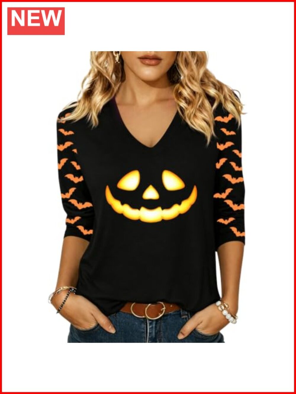Halloween V Neck 3/4 Sleeve Graphic Tee Spook Season Fall Top